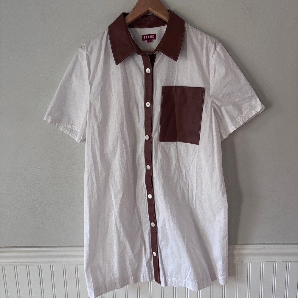 Staud Switch Dress White Cotton Button-Down Shirtdress With Faux Leather Trim